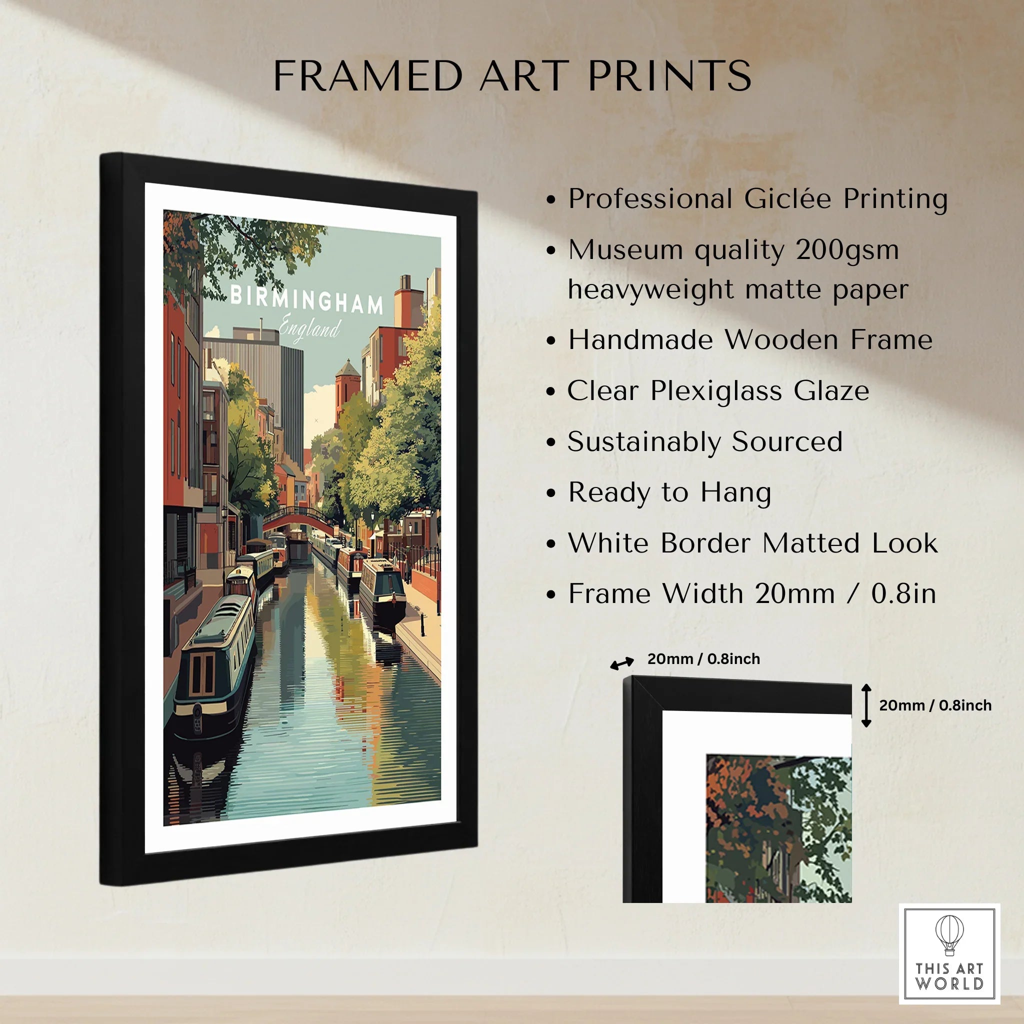 Framed Birmingham England canal art print on wall with details about frame and print quality.