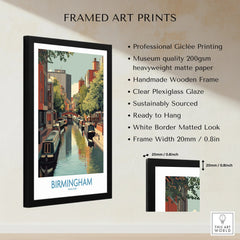 Framed Birmingham canal cityscape wall art print with product quality details listed beside.