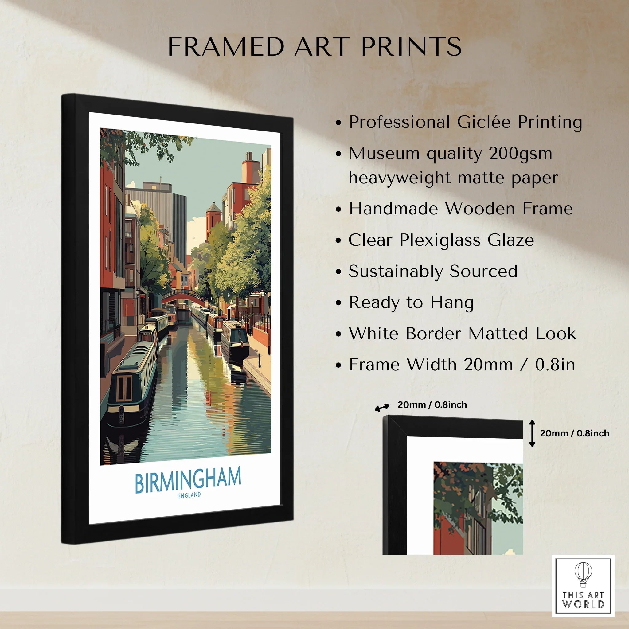 Framed Birmingham canal cityscape wall art print with product quality details listed beside.