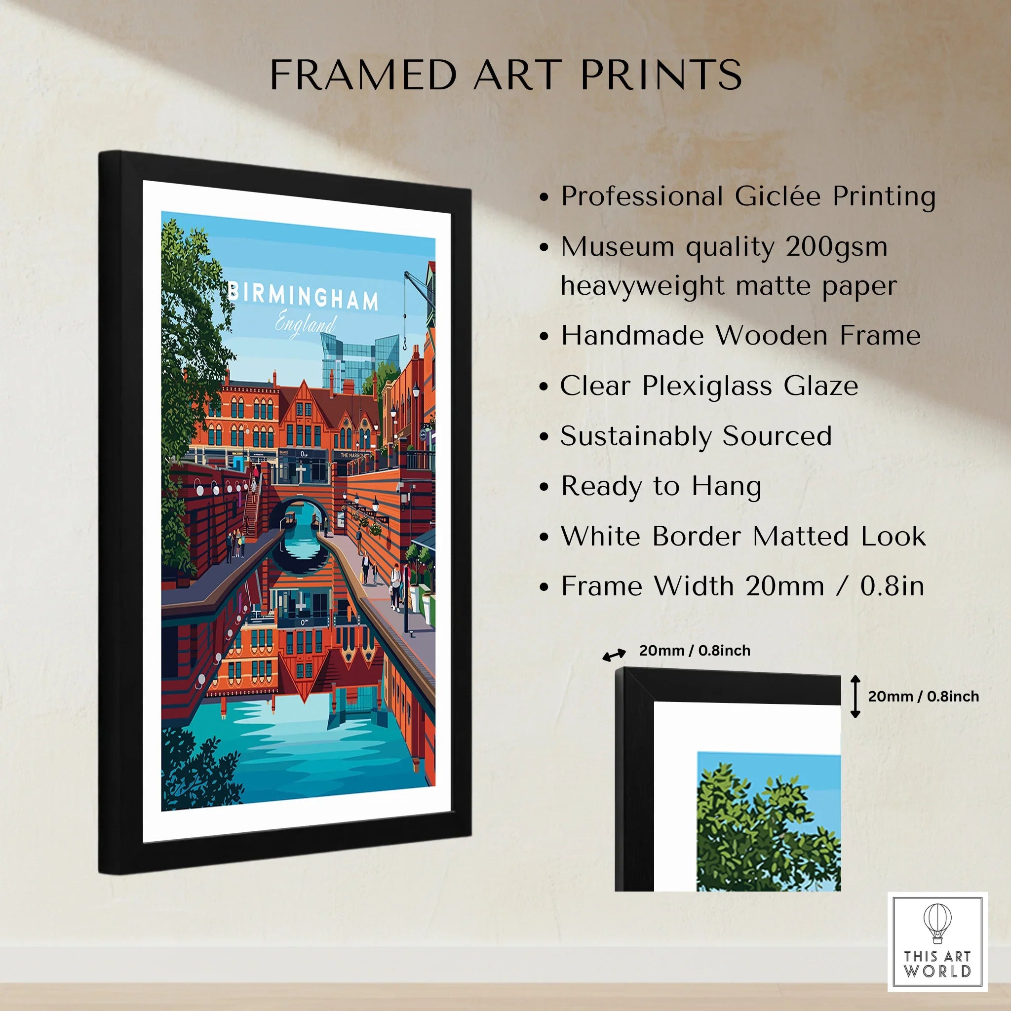 Birmingham England cityscape framed art print with product details and measurements