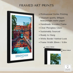 Framed Birmingham cityscape wall art print with black wooden frame and size details