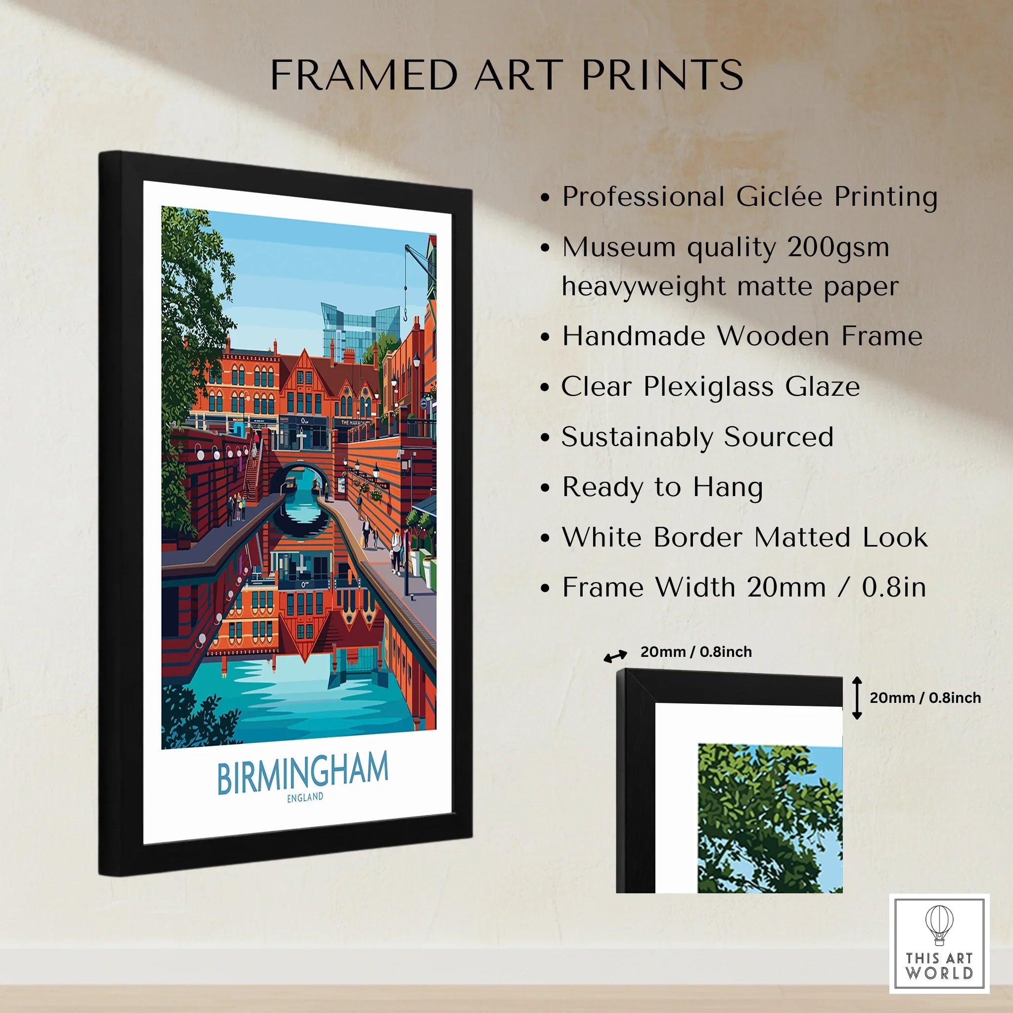 Framed Birmingham cityscape wall art print with black wooden frame and size details
