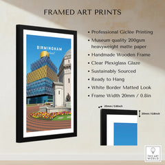Framed Birmingham city wall art print with black wooden frame, white mat, and print details.