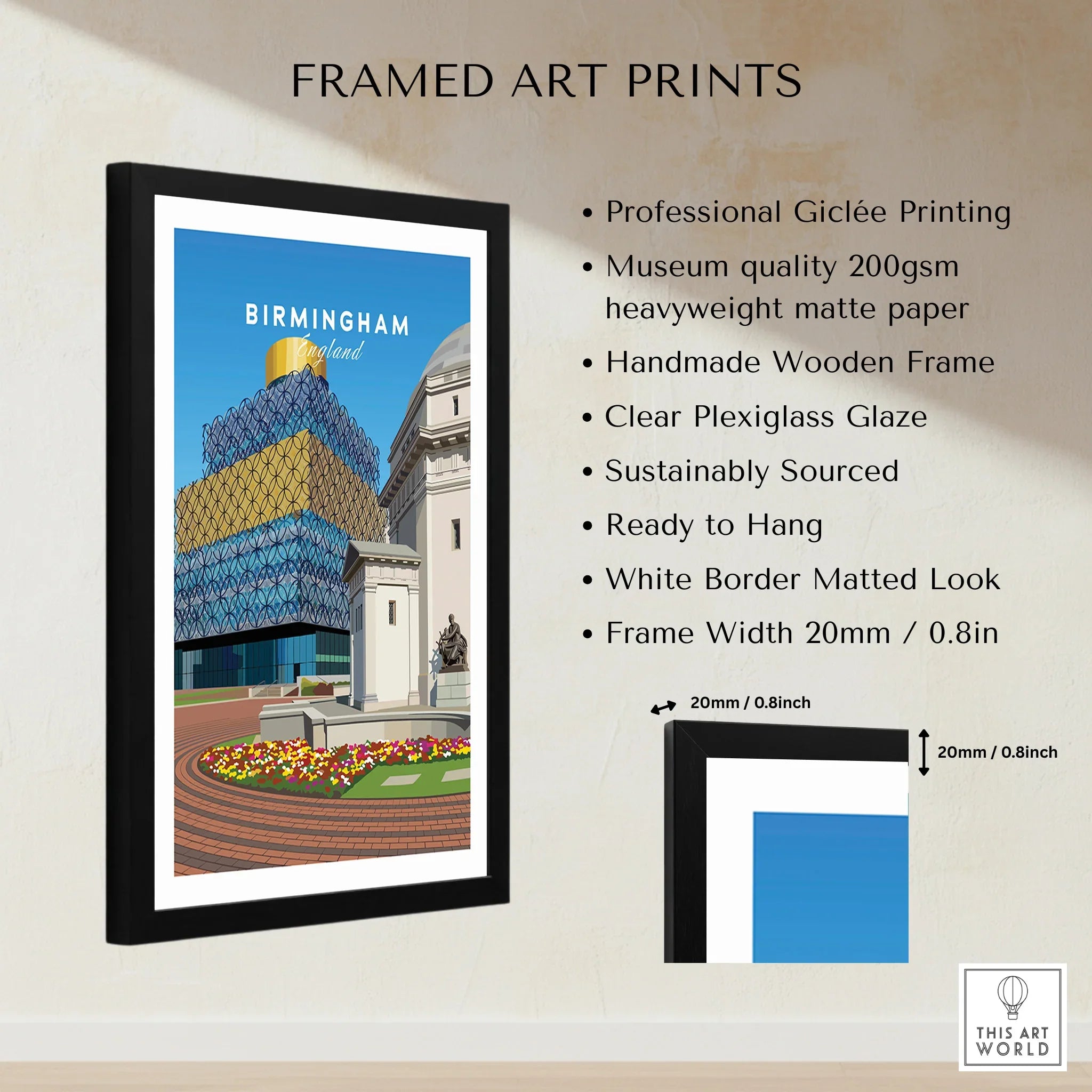 Framed Birmingham city wall art print with black wooden frame, white mat, and print details.
