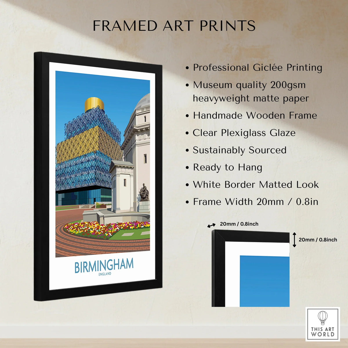 Framed Birmingham cityscape wall art print with measurement and quality details, modern decor