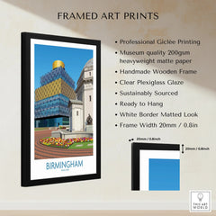 Framed Birmingham cityscape wall art print with measurement and quality details, modern decor