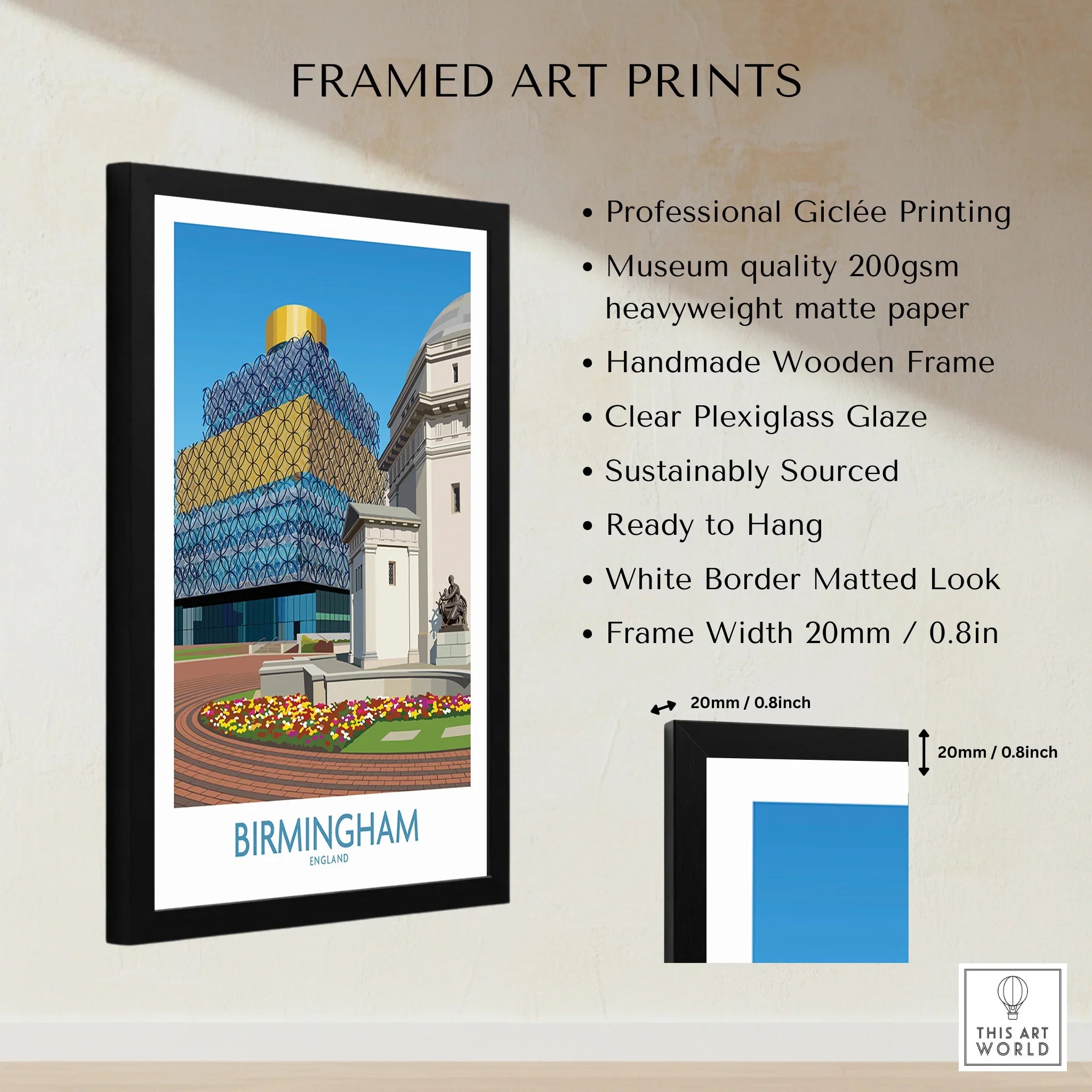 Framed Birmingham cityscape wall art print with measurement and quality details, modern decor