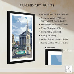 Framed Birmingham city art print with product details, black wooden frame, white mat border