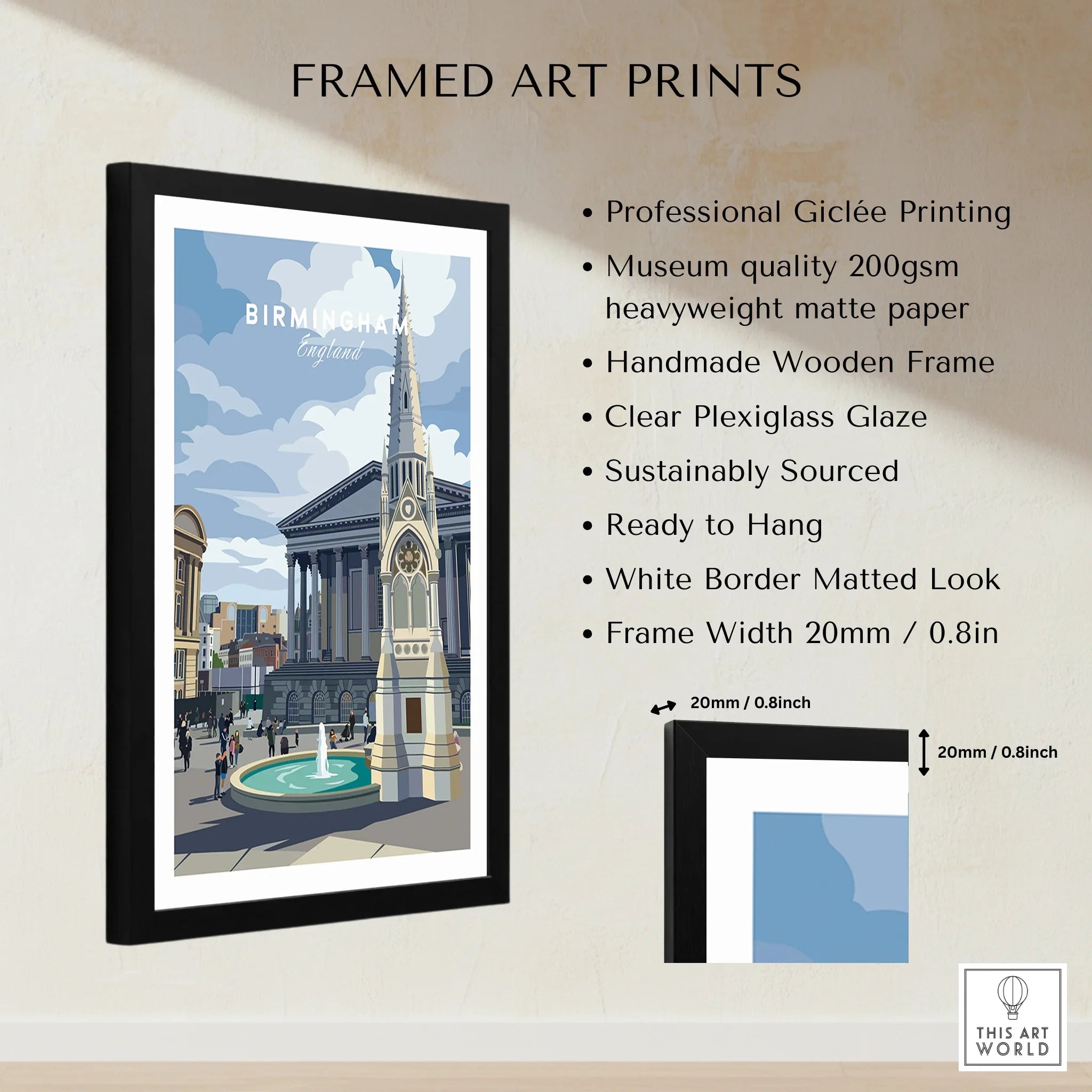 Framed Birmingham city art print with product details, black wooden frame, white mat border