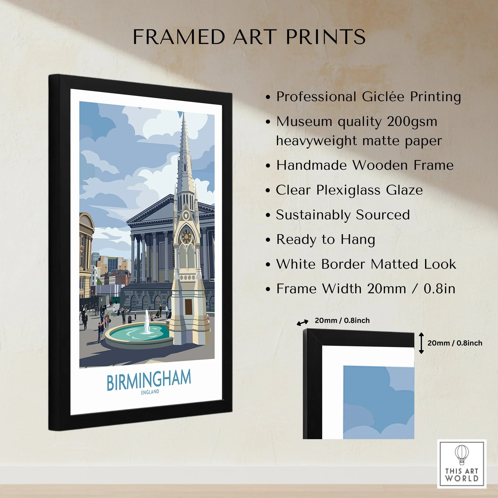 Framed Birmingham city wall art print with handmade wooden frame and museum-quality matte paper