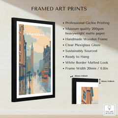 Framed Birmingham England city skyline wall art print with black wooden frame and product details.