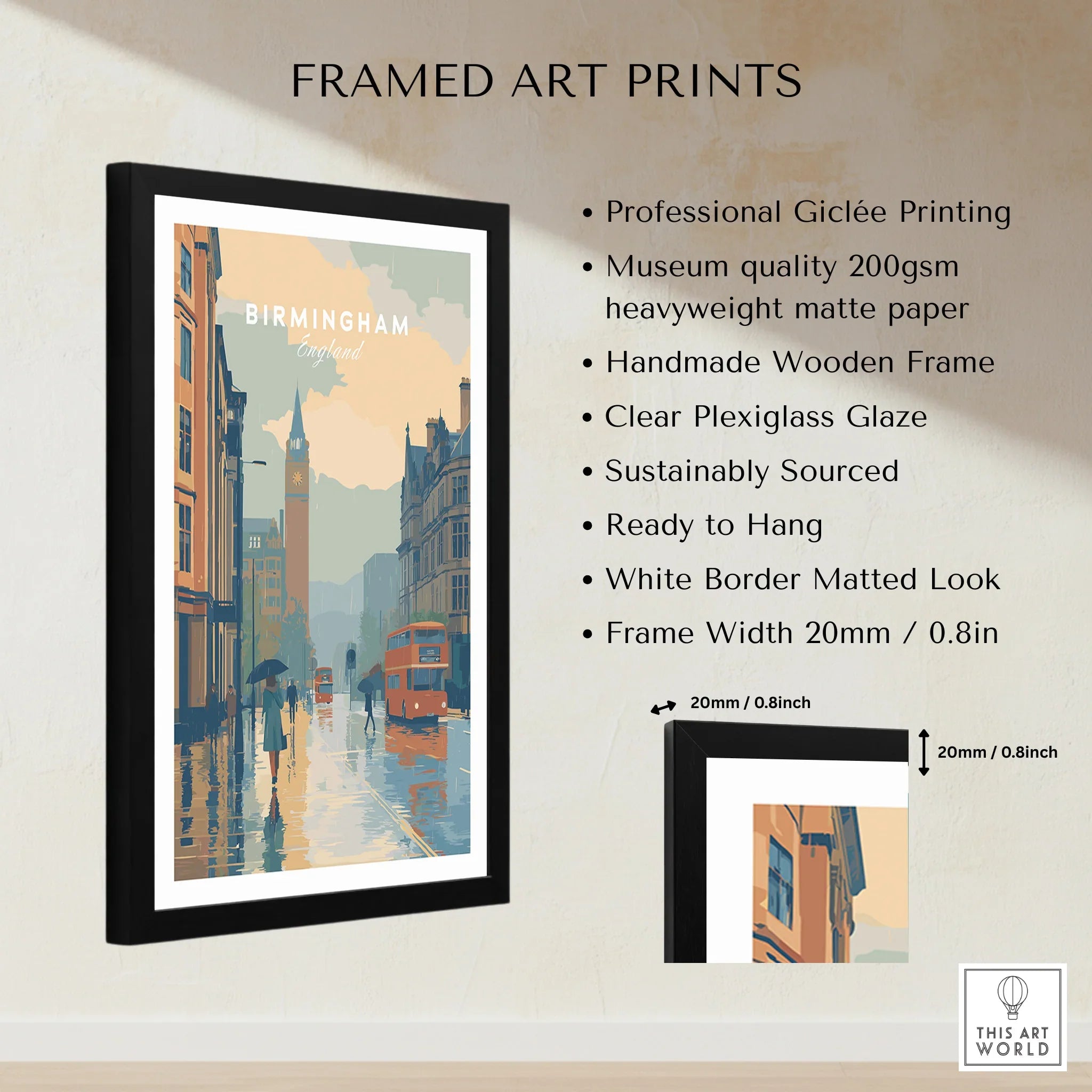 Framed Birmingham England city skyline wall art print with black wooden frame and product details.