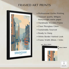 Framed Birmingham art print with wooden frame, cityscape wall art, and detailed product features.