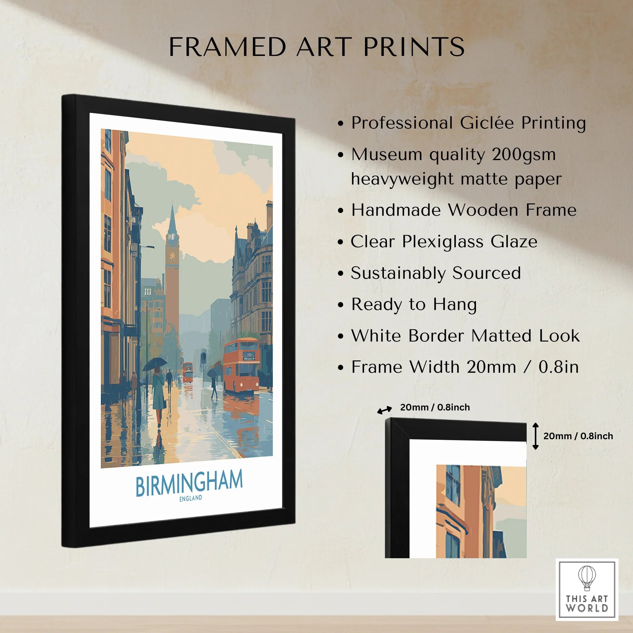 Framed Birmingham art print with wooden frame, cityscape wall art, and detailed product features.