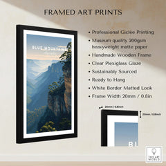 Framed Blue Mountains Australia travel poster with wooden frame, matted border, and quality details.