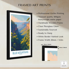 Framed Blue Mountains Australia art print with product details and measurements shown.