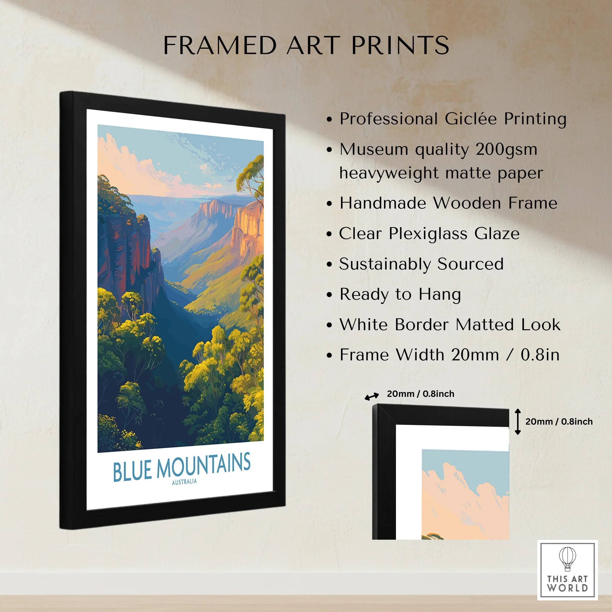 Framed Blue Mountains Australia art print with product details and measurements shown.