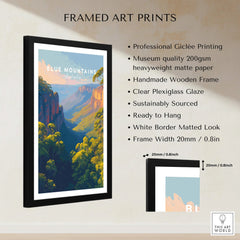 Framed Blue Mountains Australia art print with matte border and wooden frame on display wall