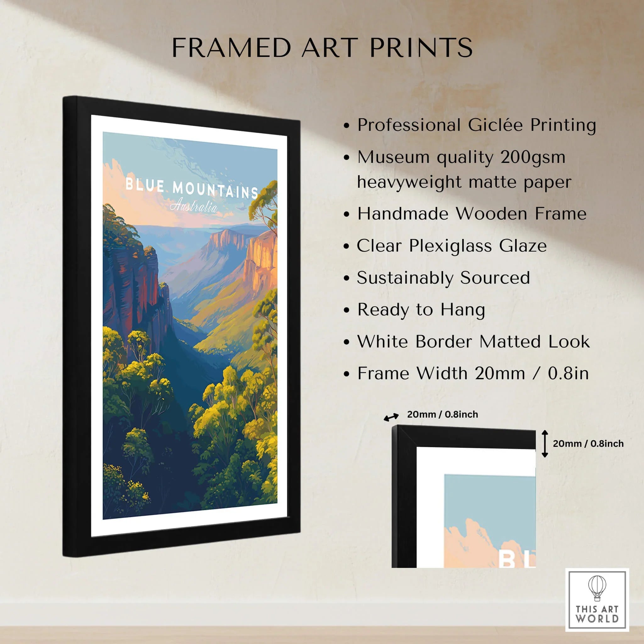 Framed Blue Mountains Australia art print with matte border and wooden frame on display wall