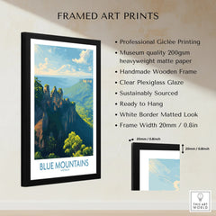 Framed Blue Mountains Australia art print with wooden frame and quality details shown
