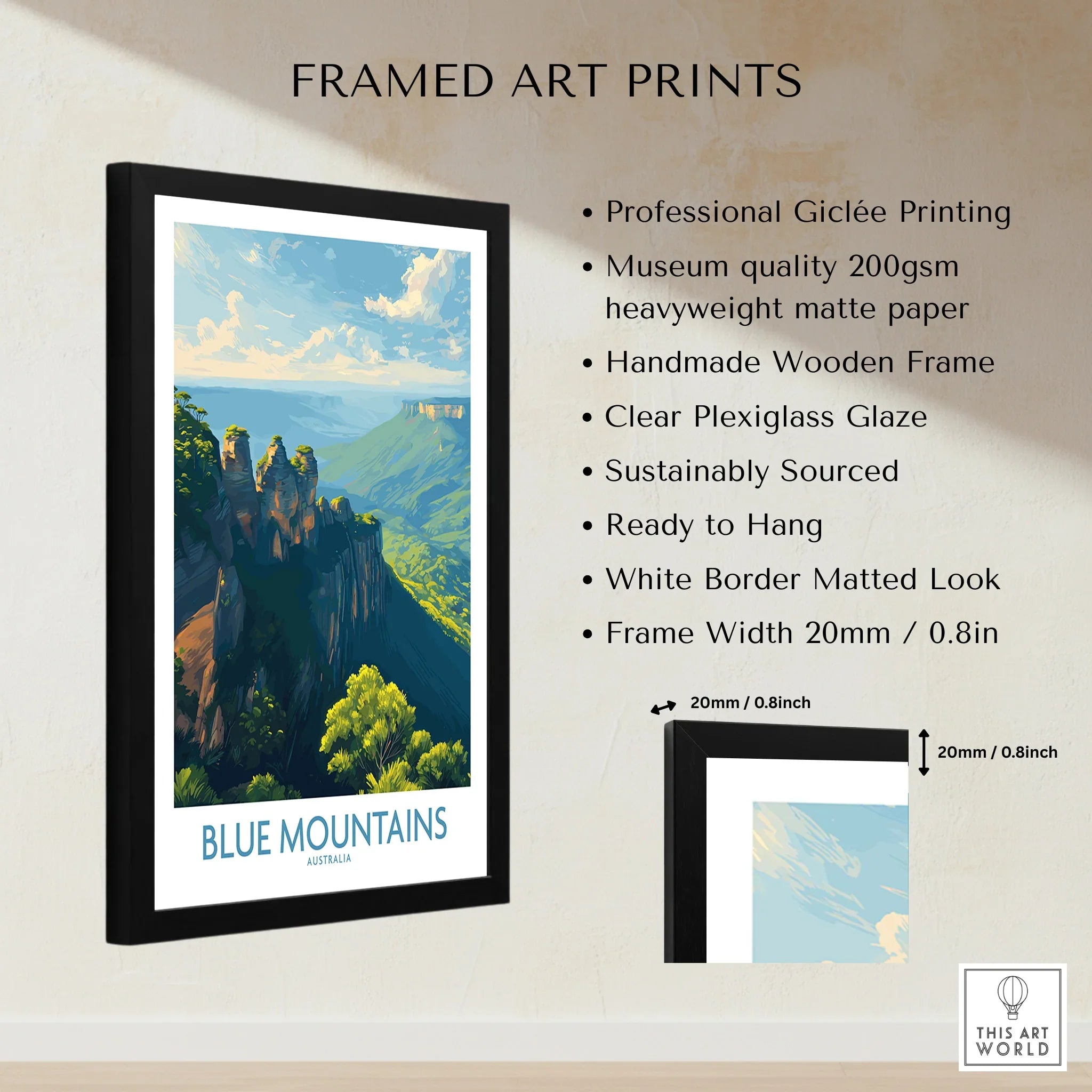 Framed Blue Mountains Australia art print with wooden frame and quality details shown