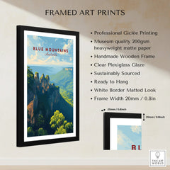 Blue Mountains Australia framed wall art print with black frame, matted look, and features list.