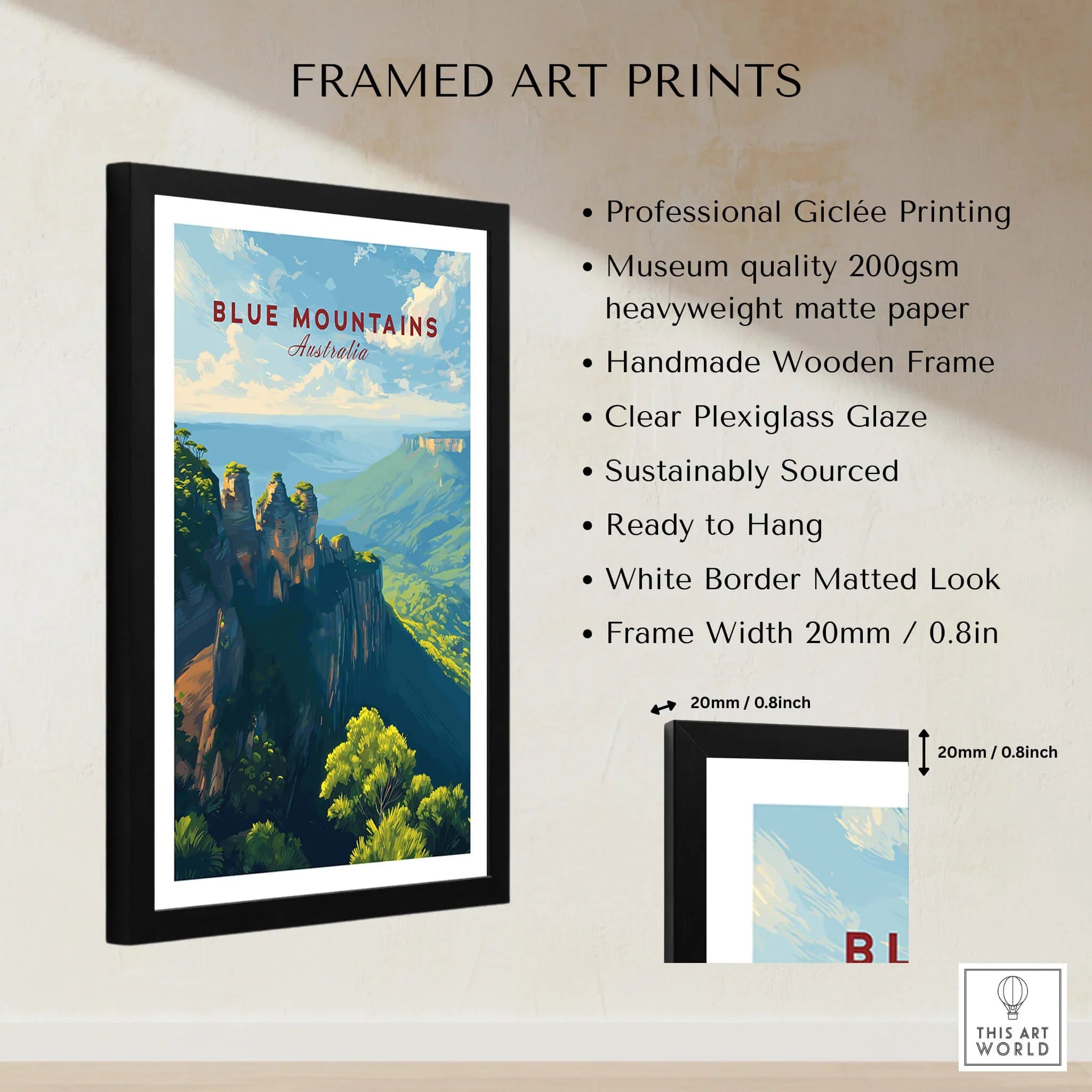 Blue Mountains Australia framed wall art print with black frame, matted look, and features list.