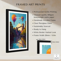 Bristol Travel Poster – Clifton Suspension Bridge and Hot Air Balloons Art displayed in a stylish framed print.