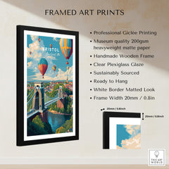 Bristol Travel Poster – Cityscape and Clifton Suspension Bridge Print framed art print showcasing vibrant colors and details.