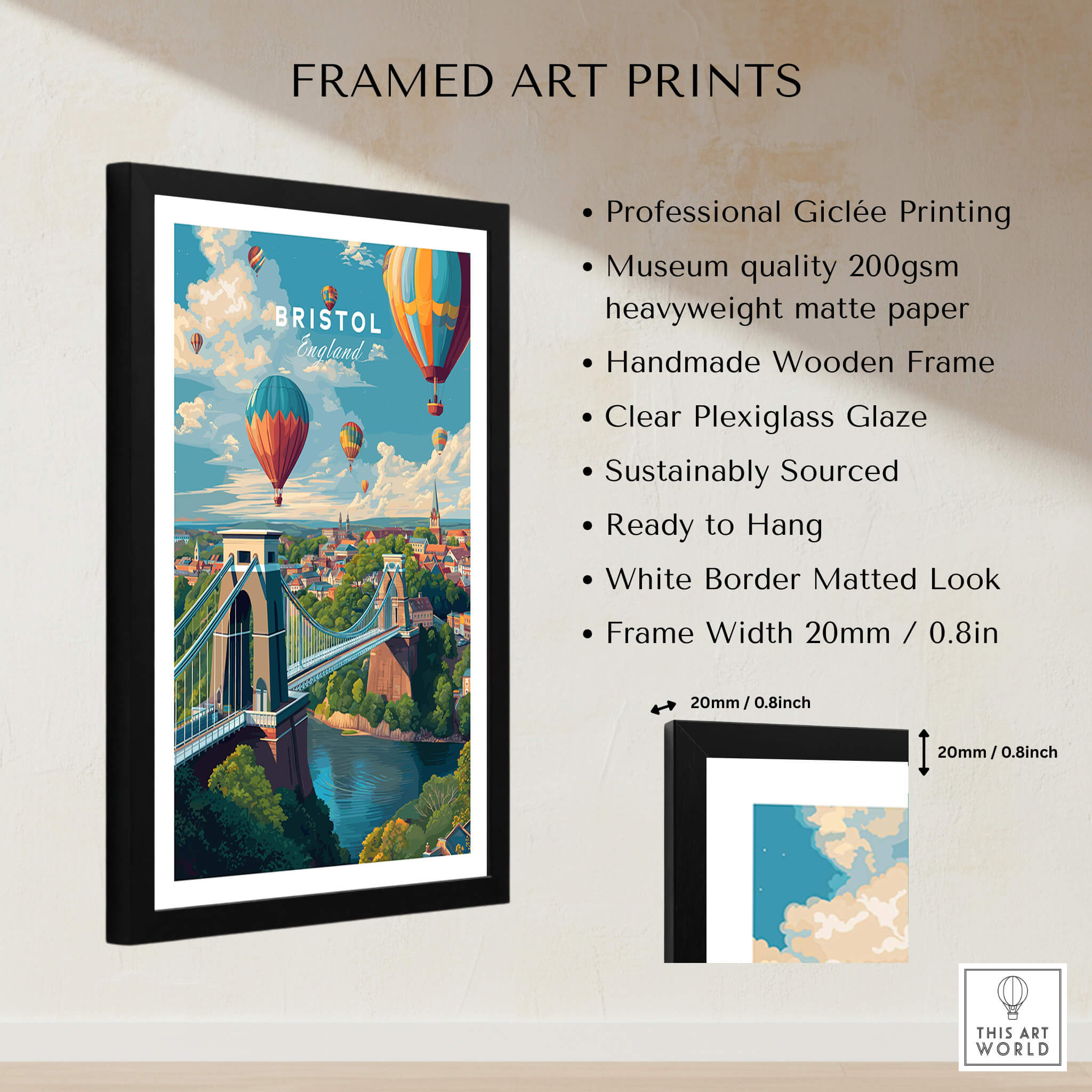 Bristol Travel Poster – Cityscape and Clifton Suspension Bridge Print framed art print showcasing vibrant colors and details.