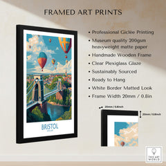 Bristol England Print – Hot Air Balloons Over Historic City Wall Art in a framed display with vibrant colors.