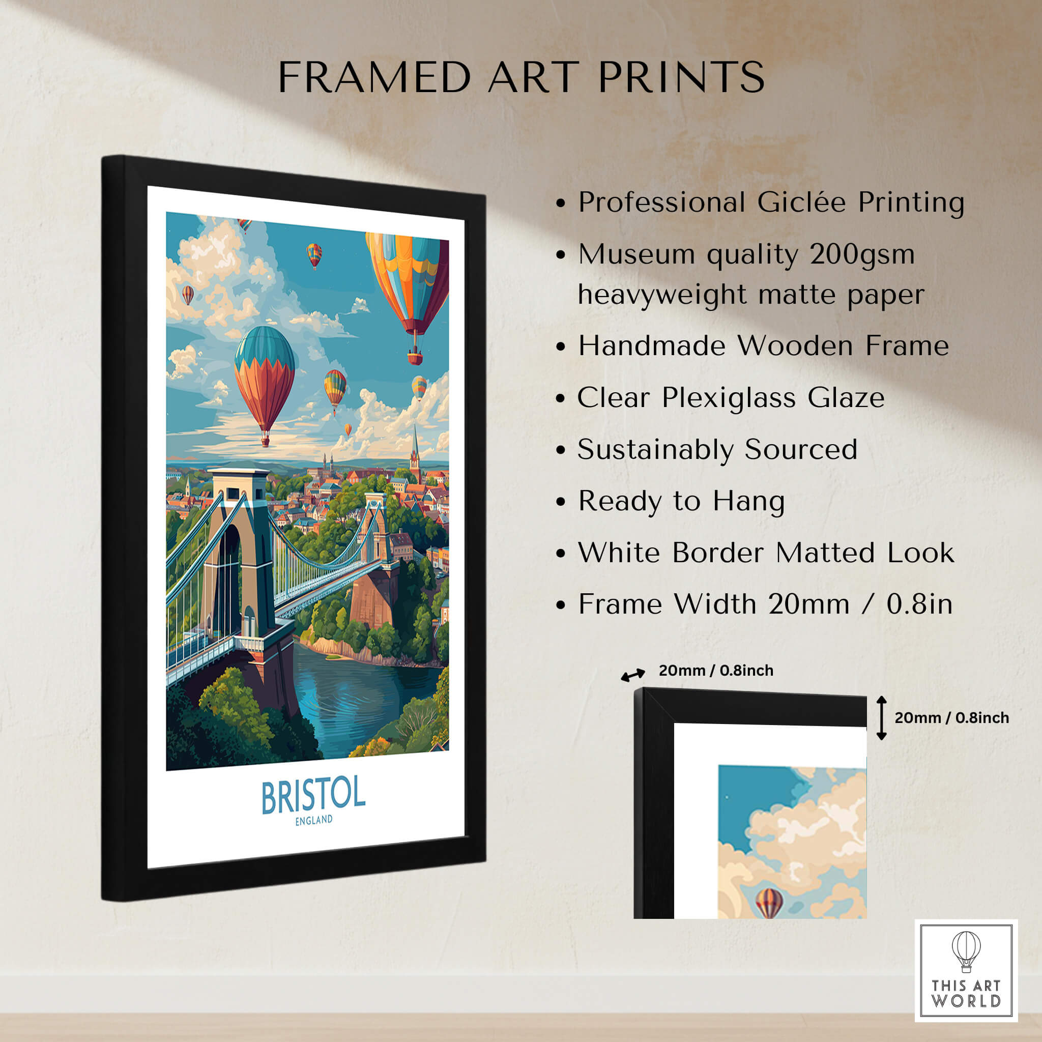 Bristol England Print – Hot Air Balloons Over Historic City Wall Art in a framed display with vibrant colors.