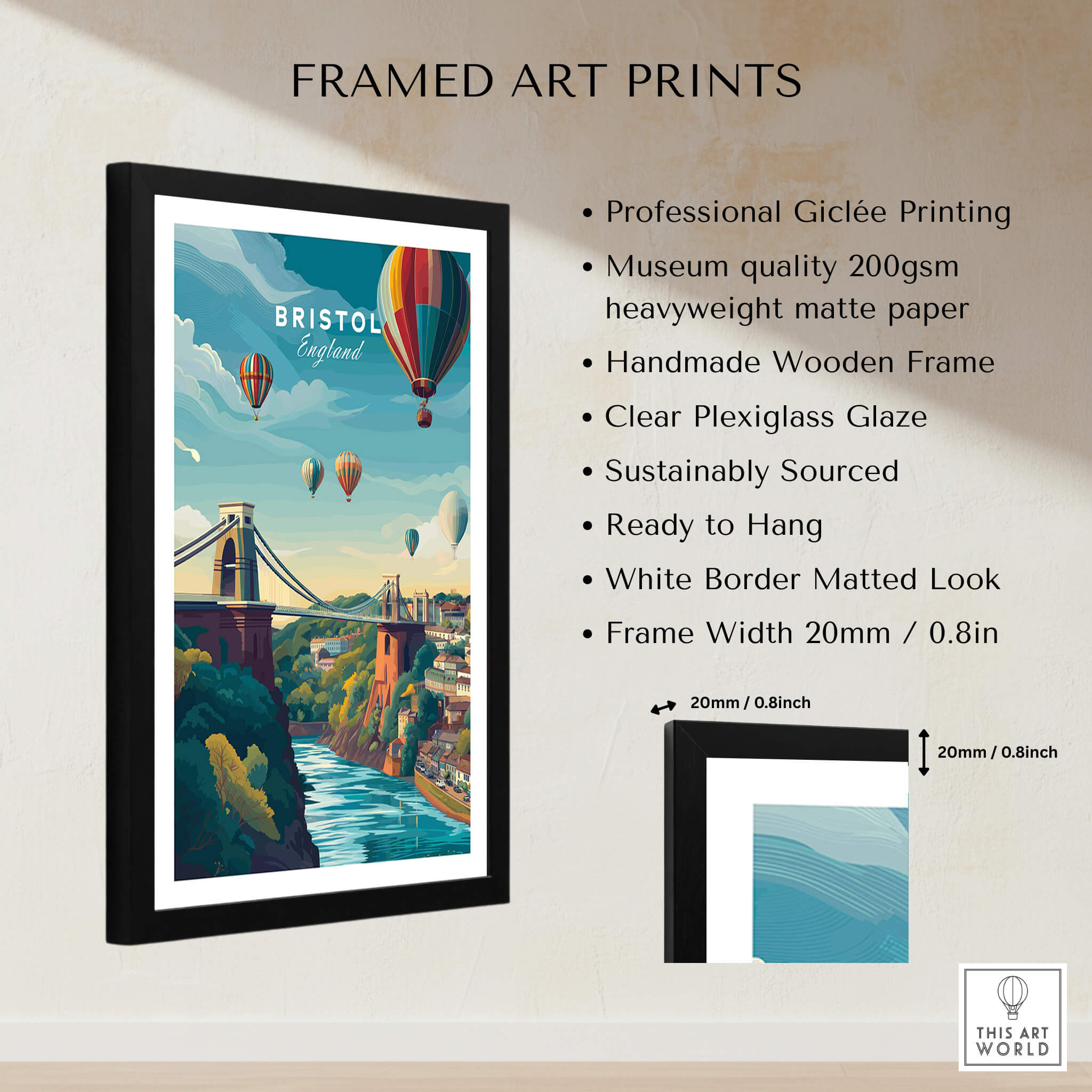 Bristol Art Print - Clifton Bridge Poster features a framed art print with balloons and landscape design.