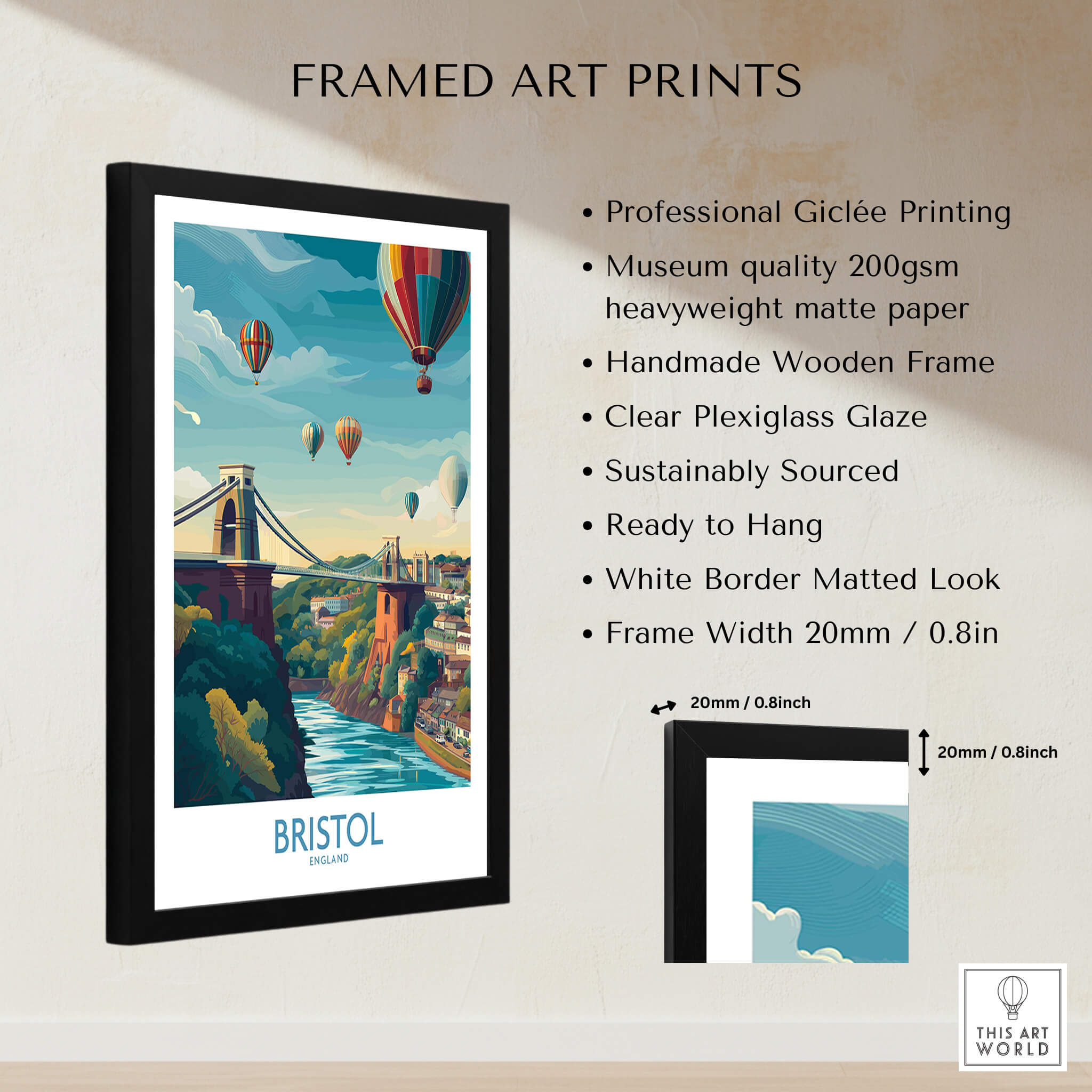 Bristol Canvas Print - Wall Art Poster showcasing the iconic Clifton Suspension Bridge and vibrant hot air balloons.