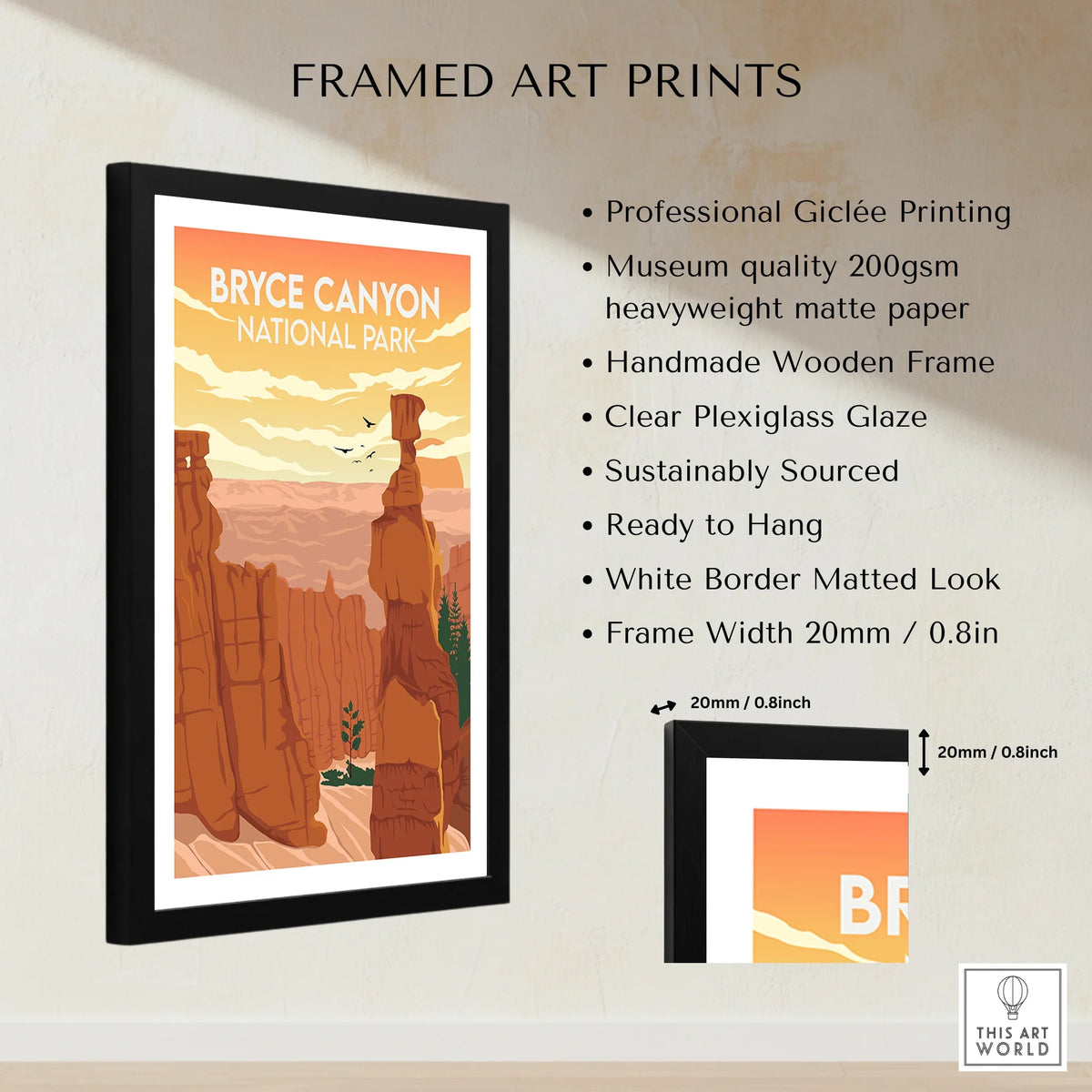 Framed Bryce Canyon National Park art print with black wooden frame and matted white border