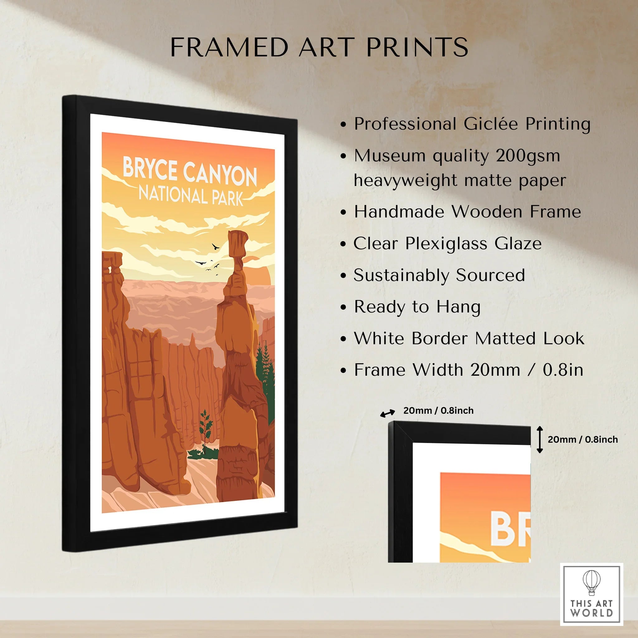 Framed Bryce Canyon National Park art print with black wooden frame and matted white border