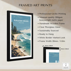 Burleigh Heads Australia Poster – Gold Coast Skyline & Iconic Surf Beach Wall Art framed print with wooden frame.