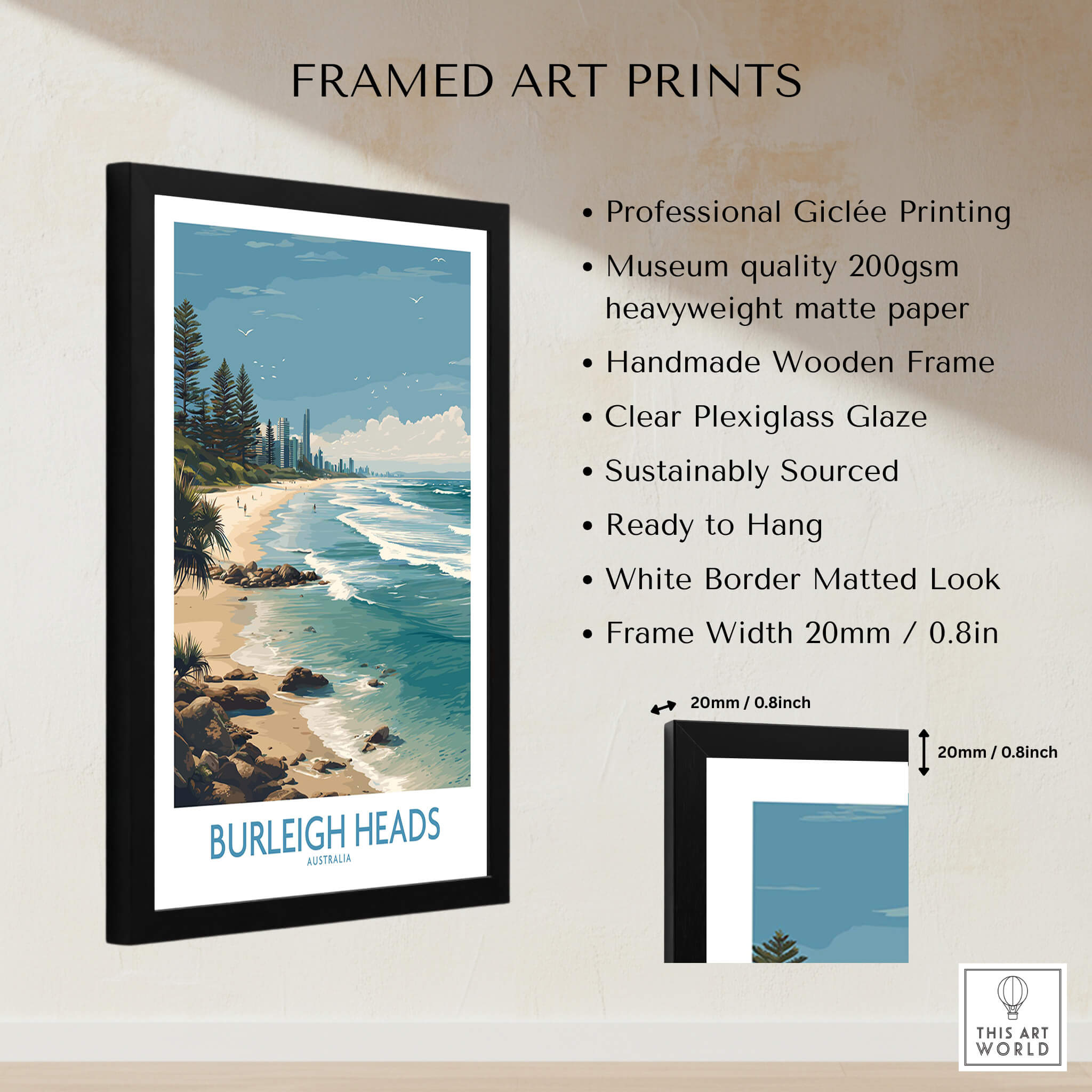 Burleigh Heads Travel Poster - Canvas Print showcasing framed art with clear plexiglass glaze and wooden frame.