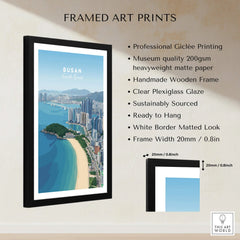 Framed Busan South Korea travel poster in black wooden frame with quality details and measurements.