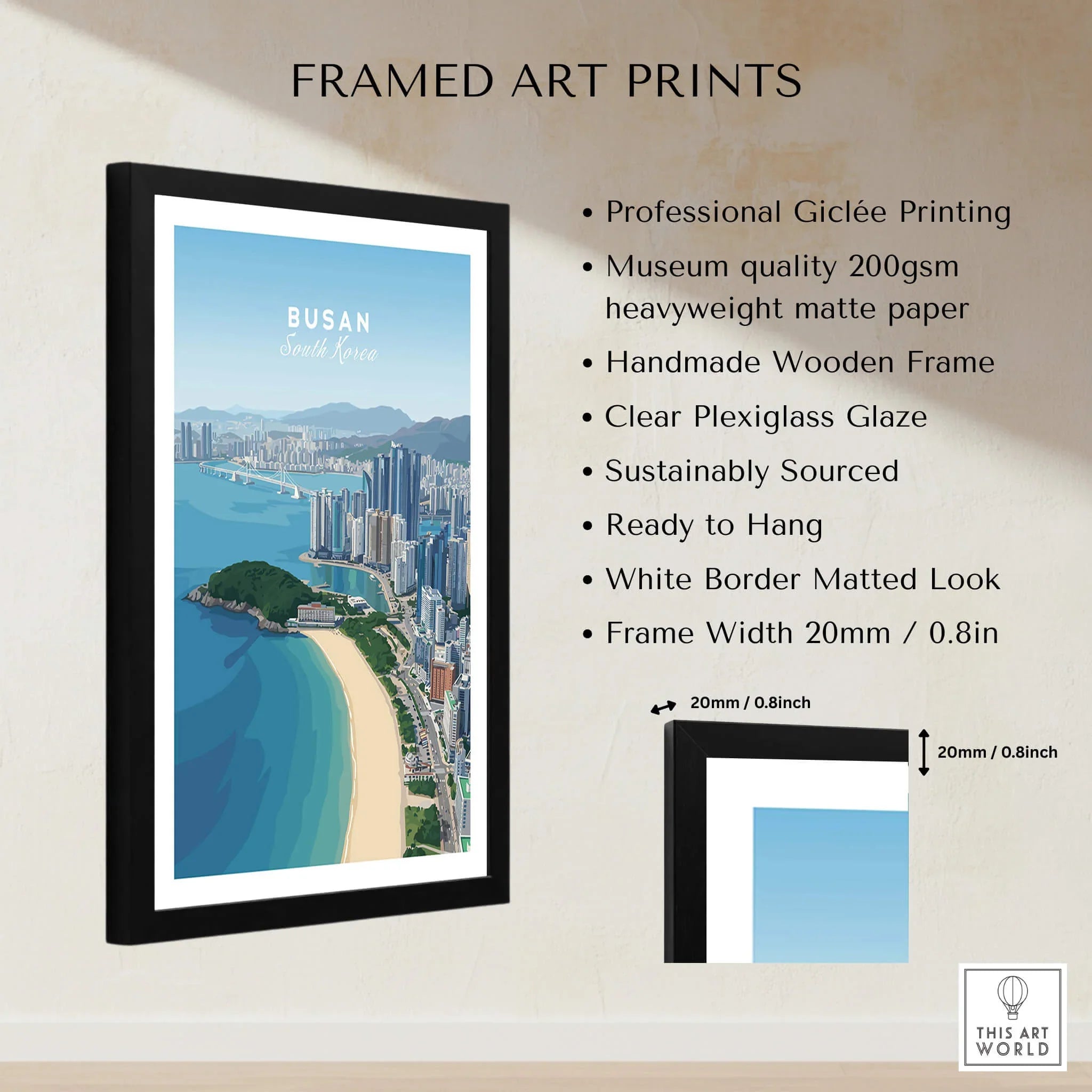 Framed Busan South Korea travel poster in black wooden frame with quality details and measurements.