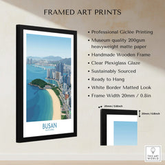 Framed Busan city skyline art print with beach, quality details, and dimensions shown.