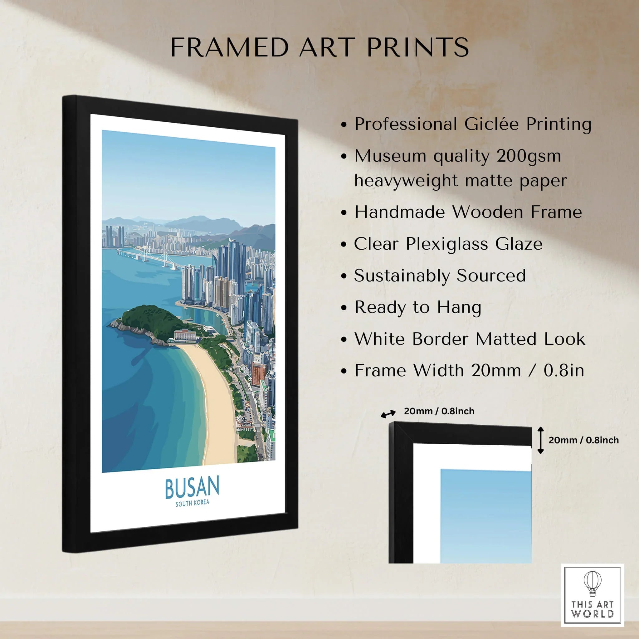 Framed Busan city skyline art print with beach, quality details, and dimensions shown.