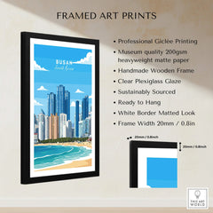 Framed Busan South Korea skyline art print with beach, black wood frame, and quality details.