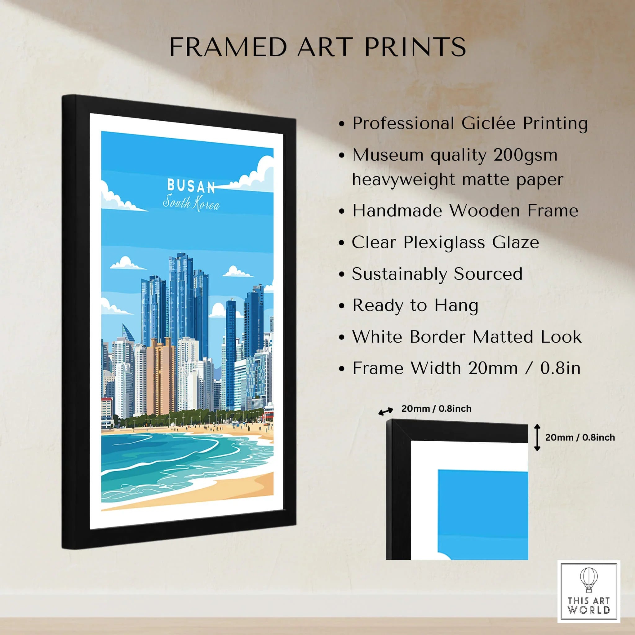 Framed Busan South Korea skyline art print with beach, black wood frame, and quality details.