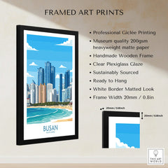 Framed Busan city skyline art print with beach, wood frame, and product details list
