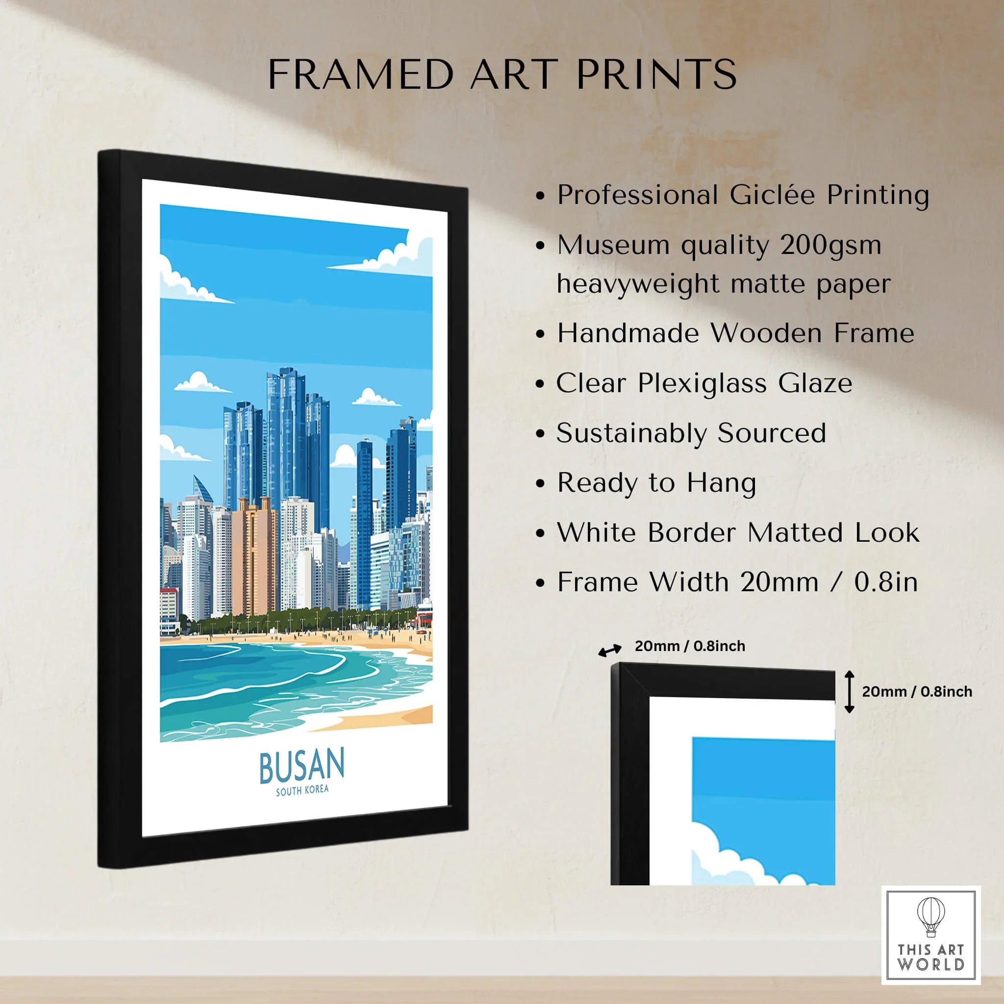 Framed Busan city skyline art print with beach, wood frame, and product details list