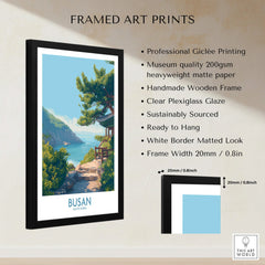 Framed Busan South Korea art print with coastal landscape, wooden frame, and quality details.