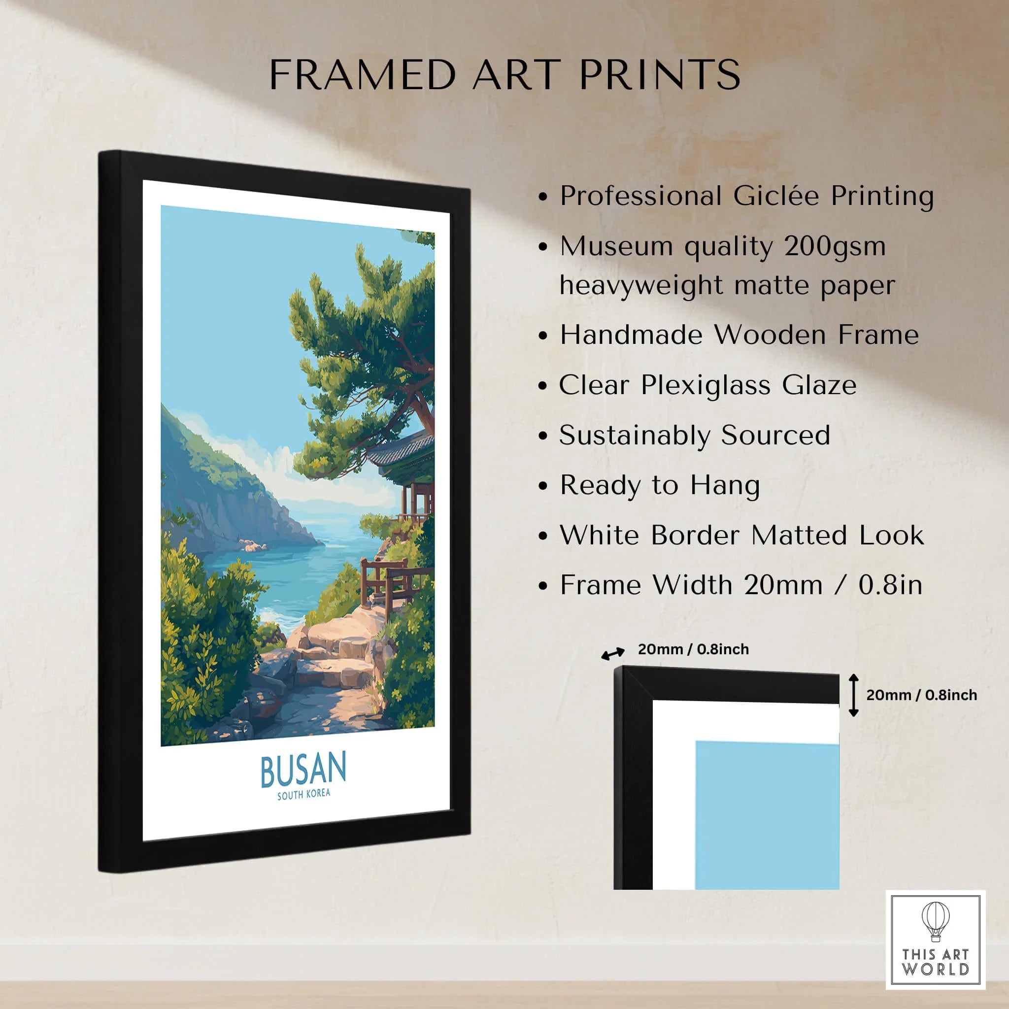 Framed Busan South Korea art print with coastal landscape, wooden frame, and quality details.