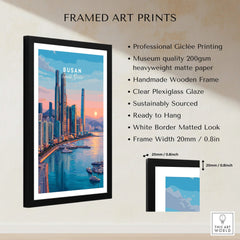 Framed Busan South Korea skyline art print with modern high-rise buildings and sunset waterfront, shown with frame details and material quality highlights.