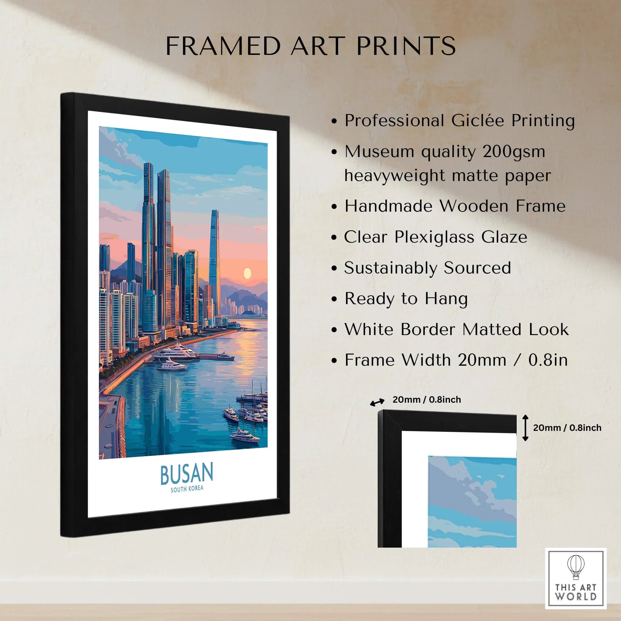 Framed Busan South Korea skyline art print with sunset, wooden frame, wall decor details